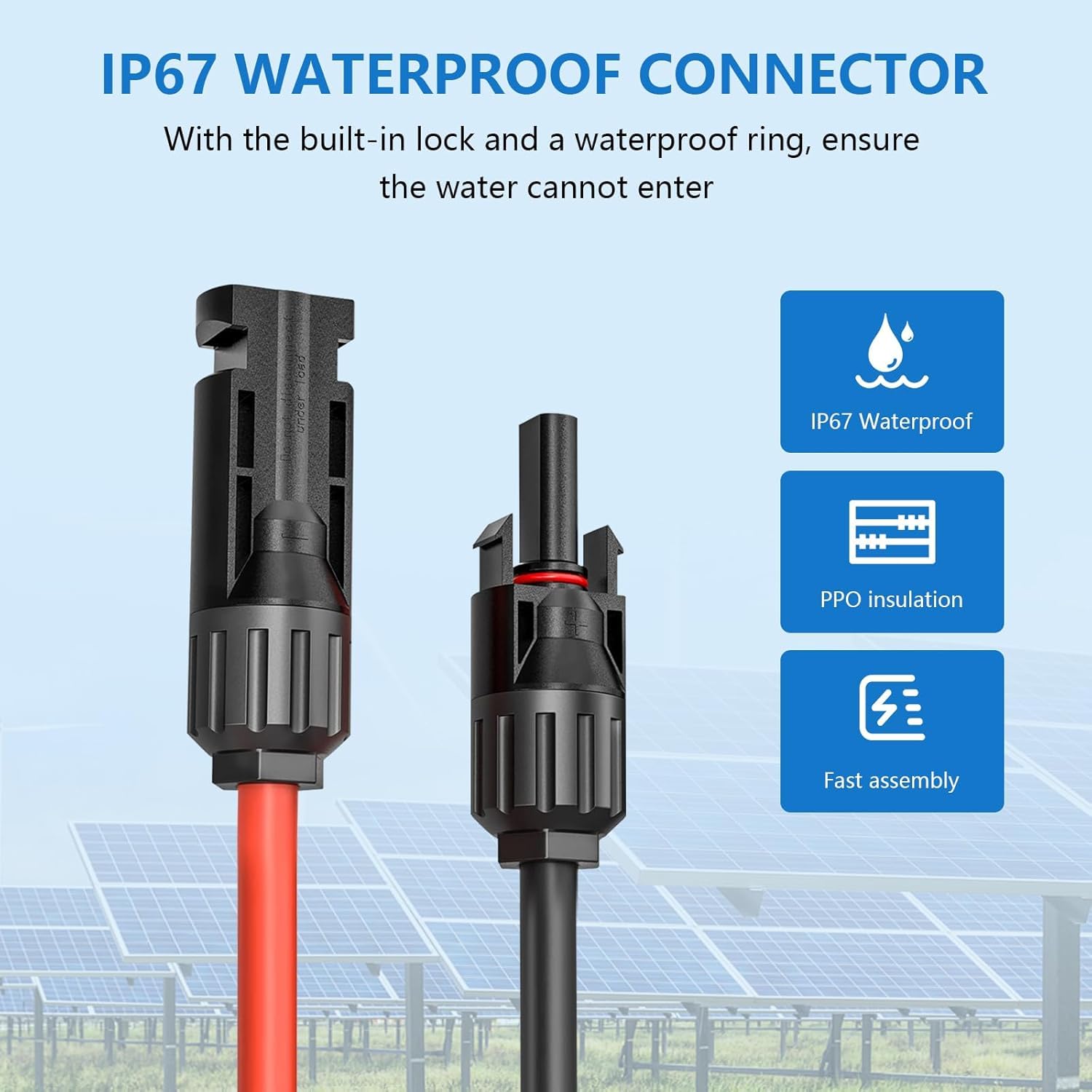 Cable de Extensión de Panel Solar de 6 mm², Alargador de Cable Solar de 10M, Cable de Cable Fotovoltaico con Conectores Hembra y Macho Kit de Adaptador para Panel Fotovoltaico (6mm²10m)
