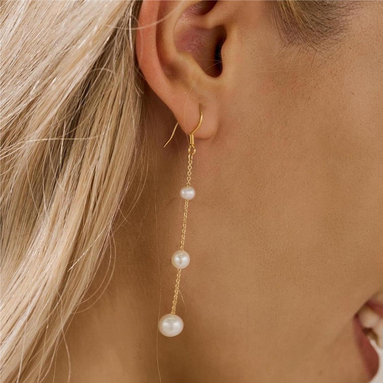 Pearl Earrings for Women - Dainty Gold Dangle Drop Earrings, 14k Gold Plated Cute Bow Design, Hypoallergenic Pearl Studs, Wedding Jewelry Gifts - Image 2