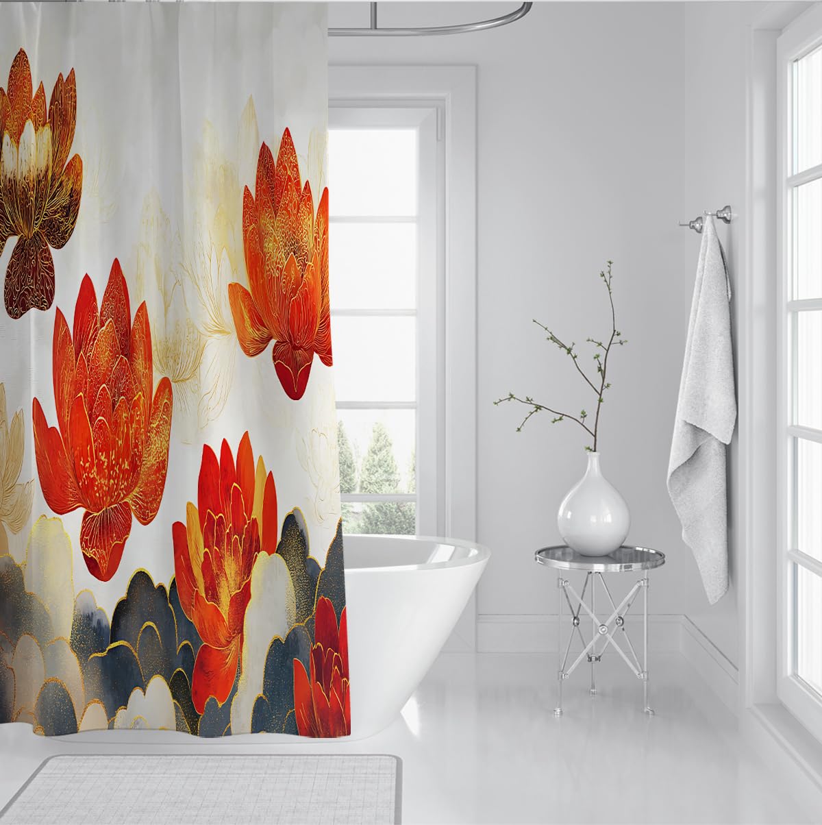 Abstrakter orientalischer Lotus-Duschvorhang Tiefrote Blüten und Wolkenmuster Duschvorhänge für Spa Badezimmer, wasserdicht maschinenwaschbar 200 x 220 cm