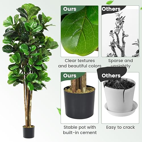 Miniatura 5 de Happygrill Árbol de vegetación artificial de 6 pies, plantas de higuera de hoja de violín falsa para interiores en maceta, árbol de ficus lyrata