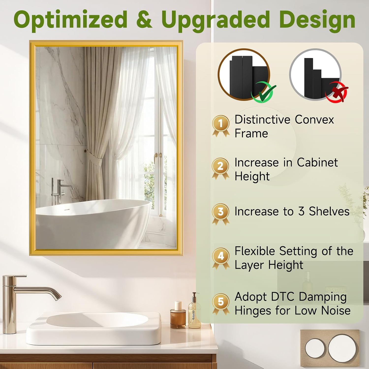 16 x 24 Inch Medicine Cabinet Recessed or Wall Mount Aluminum Bathroom Medicine Cabinet with Mirror and 3 Adjustable Shelves for Bedroom Entryway Dressing Room Apartment and Hotel Gold