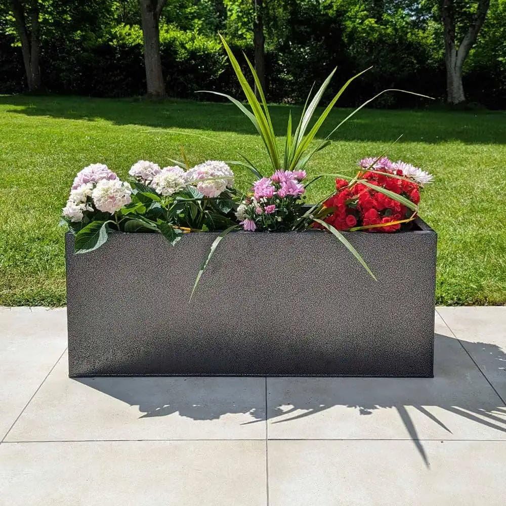 100cm Zinc Silver & Black Textured Trough Planter - Woven Wood