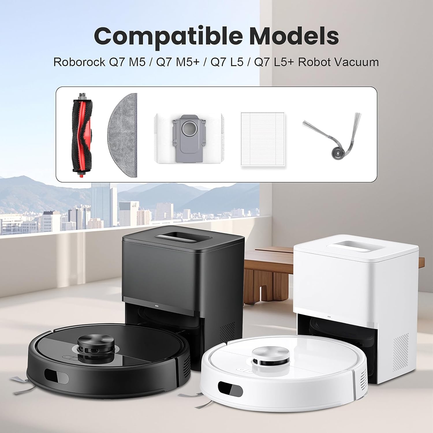 26 Pack Replacement Accessories for Roborock Q7 M5 / Q7 M5+ / Q7 L5 / Q7 L5+ Robot Vacuum Cleaner, 2 Main Brush 6 Side Brush 4 HEPA Filter 6 Mop Pads 6 Dust Bags 1 Cleaning Brush 1 Screwdriver