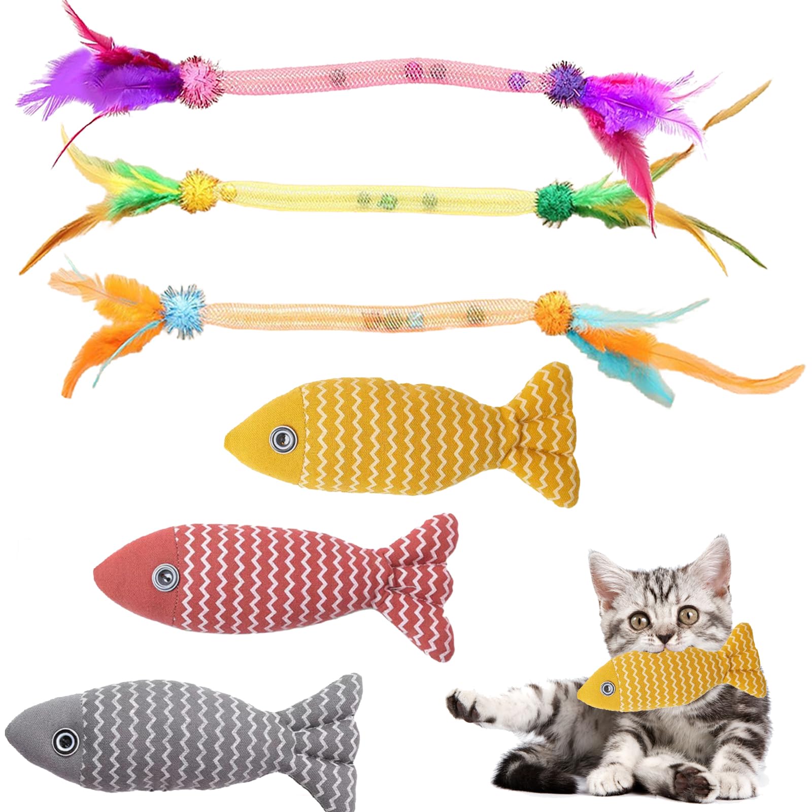 PonFxp 6 Pcs Cat Nip Toys Cats, 40cm Interactive Catnip Toy with Feathers and Bell, 21cm Fish-Shaped Kitten Toy