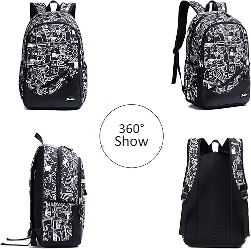 Miniatura 2 de Mochilas escolares para niños y niñas, para la universidad, para adolescentes y niñas, Estampado en negro, Mochila