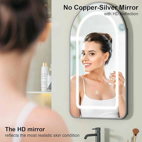 Arched Bathroom Mirror Cabinets,Led Bathroom Cabinets with Light | Brushed Black Mirrored Cabinet,Touch Control,Memory Lighted,3 Color,Adjustable Glass Shelves,Recessed & Wall Mounted,42x68