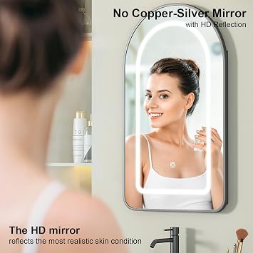 Arched Bathroom Mirror Cabinets,Led Bathroom Cabinets with Light | Brushed Black Mirrored Cabinet,Touch Control,Memory Lighted,3 Color,Adjustable Glass Shelves,Recessed & Wall Mounted,42x68