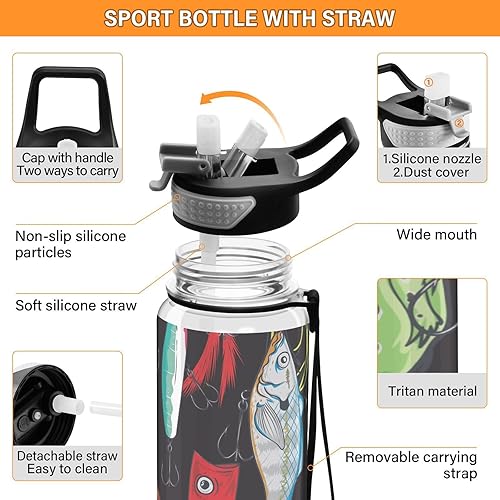 Miniatura 4 de Joko Ivery Coloridos señuelos de pesca de 32 onzas botella de agua deportiva para niños pequeños, a prueba de fugas, sin BPA, con popote de