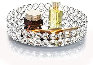 Feyarl Crystal Makeup Vanity Tray, Mirrored Decorative Organizer, 10-inch Silver