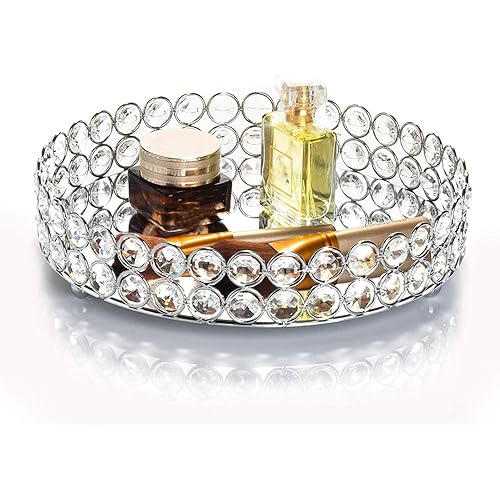 Feyarl Crystal Perfume Tray Cosmetic Makeup Vanity Tray Jewelry Trinket Organizer Mirrored Decorative Tray for Home Deco Christmas Birthday Gift(Round 10" inch) (Silver)