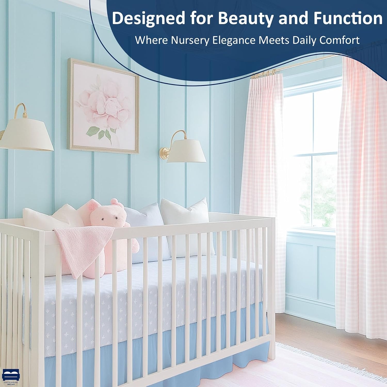 Cottingon Crib Bed Skirt for Nursery, Toddler Bedding Dust Ruffle, Brushed Microfiber Crib Skirt with 14" Drop, Fits Standard Crib and Toddler Beds, Baby Blue
