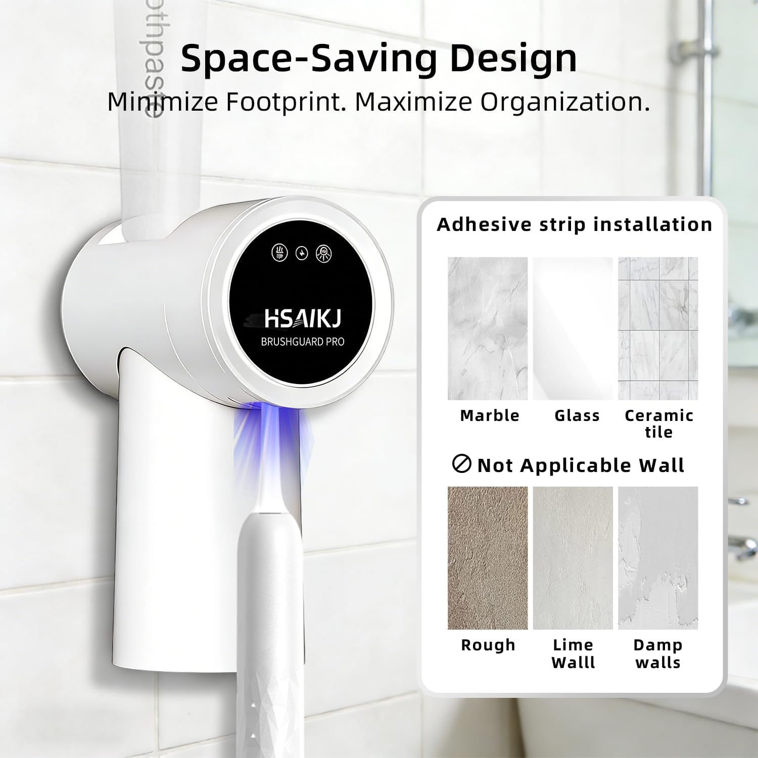 Wall Mounted Toothbrush Holder Set, Family + Single Bathroom Organizer Bundle with Active Airflow Drying, Smart Sensor Lid, Rechargeable, No-Drill Installation image 4