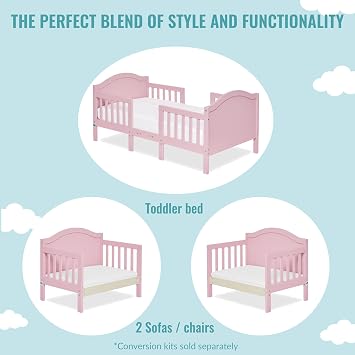Dream On Me Portland 3 In 1 Convertible Toddler Bed in Pink, Greenguard Gold Certified, 56x29x28 Inch (Pack of 1)