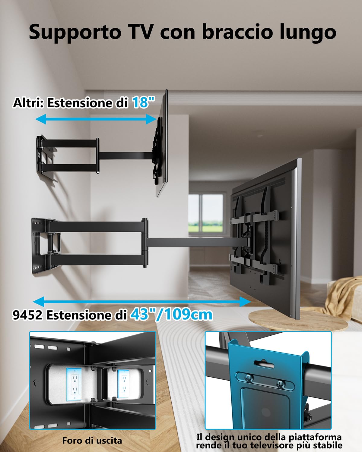 FORGING MOUNT Supporto TV Parete Braccio Extra Lungo 109cmper Schermi piatti/curvi da 50-90 Pollici fino a 75 kg, Staffa TV Girevole Inclinabile Orientabile, Max VESA 600x 400mm