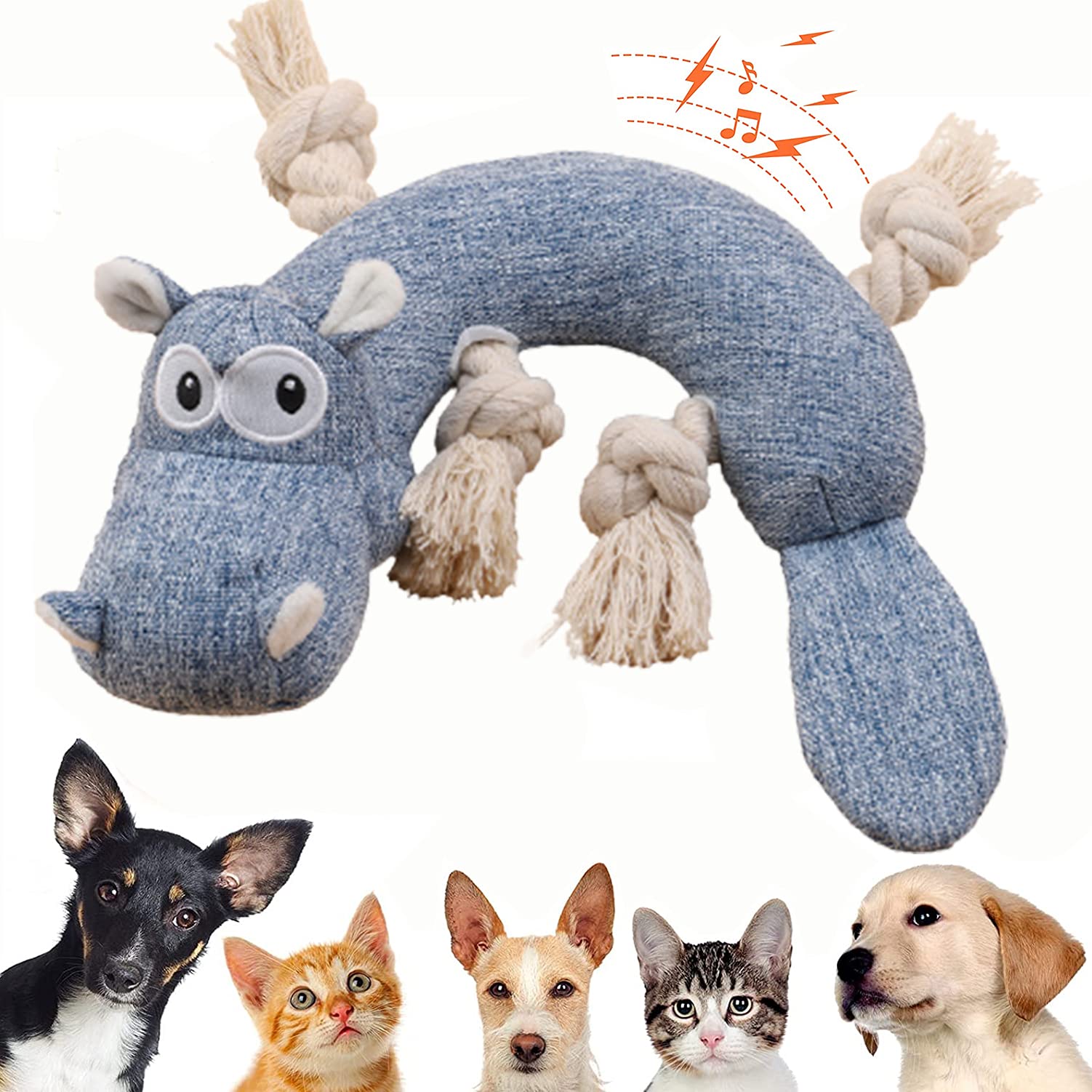 JT-House Dog Plush Toys, Sturdy Squeaky Toys for Dogs, Interactive Stuffed Dog Chew Toys for Small, Middle, Large Dogs Reducing Boredom (Hippo)