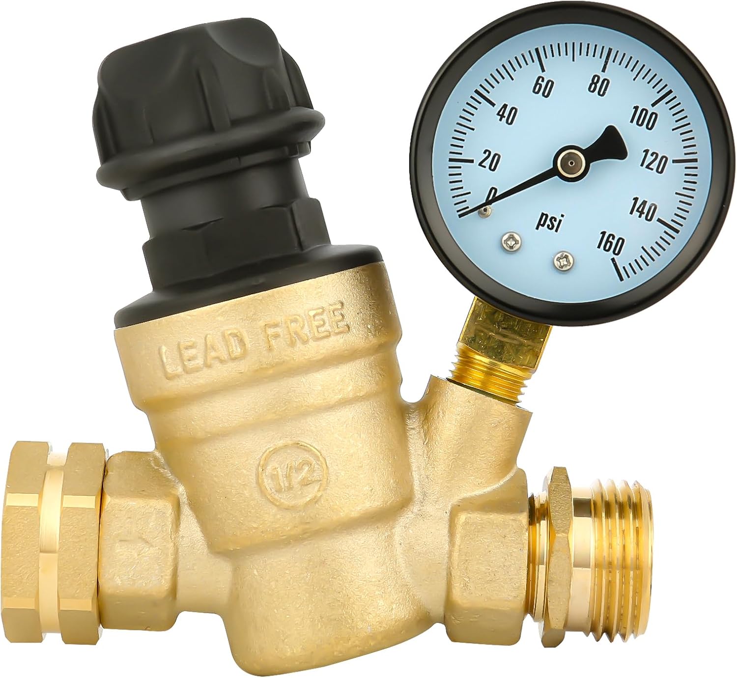 SVNR RV Water Pressure Regulator for RV Camper, 3/4" Brass Lead-Free Adjustable Water Pressure Reducer with Gauge, Inlet Screen Valve Filter for RV Camper Travel Trailer