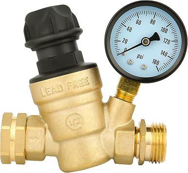 SVNR RV Water Pressure Regulator for RV Camper, 3/4" Brass Lead-Free Adjustable Water Pressure Reducer with Gauge, Inlet Screen Valve Filter for RV Camper Travel Trailer