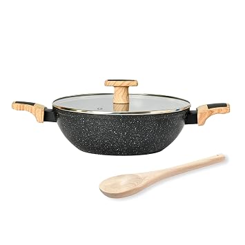 Kreme Ceracook Ceramic Coated Granite Kadai 2.5L (24cm) with Glass Lid, Frying Kadhai, ISI Certified, Forged Aluminium, Gas & Induction Use, Non Toxic Woks PFAS & PTFE Free, 1 Yr Warranty, Black