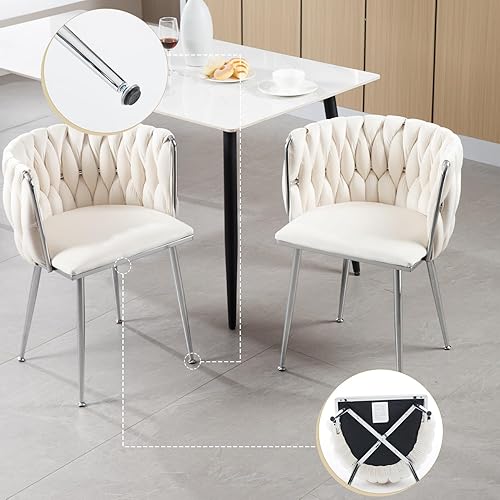 Miniatura 5 de Juego de 2 sillas de comedor de terciopelo, sillas de comedor tapizadas tejidas, sillones de ocio de lujo, sillas decorativas modernas con patas de