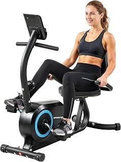 SPORTNOW Bicicleta estática de casa horizontal con 8 niveles de resistencia magnética, bicicleta estática recuperada con Bluetooth App, pantalla LCD, frecuencia cardíaca, asiento ajustable, ruedas