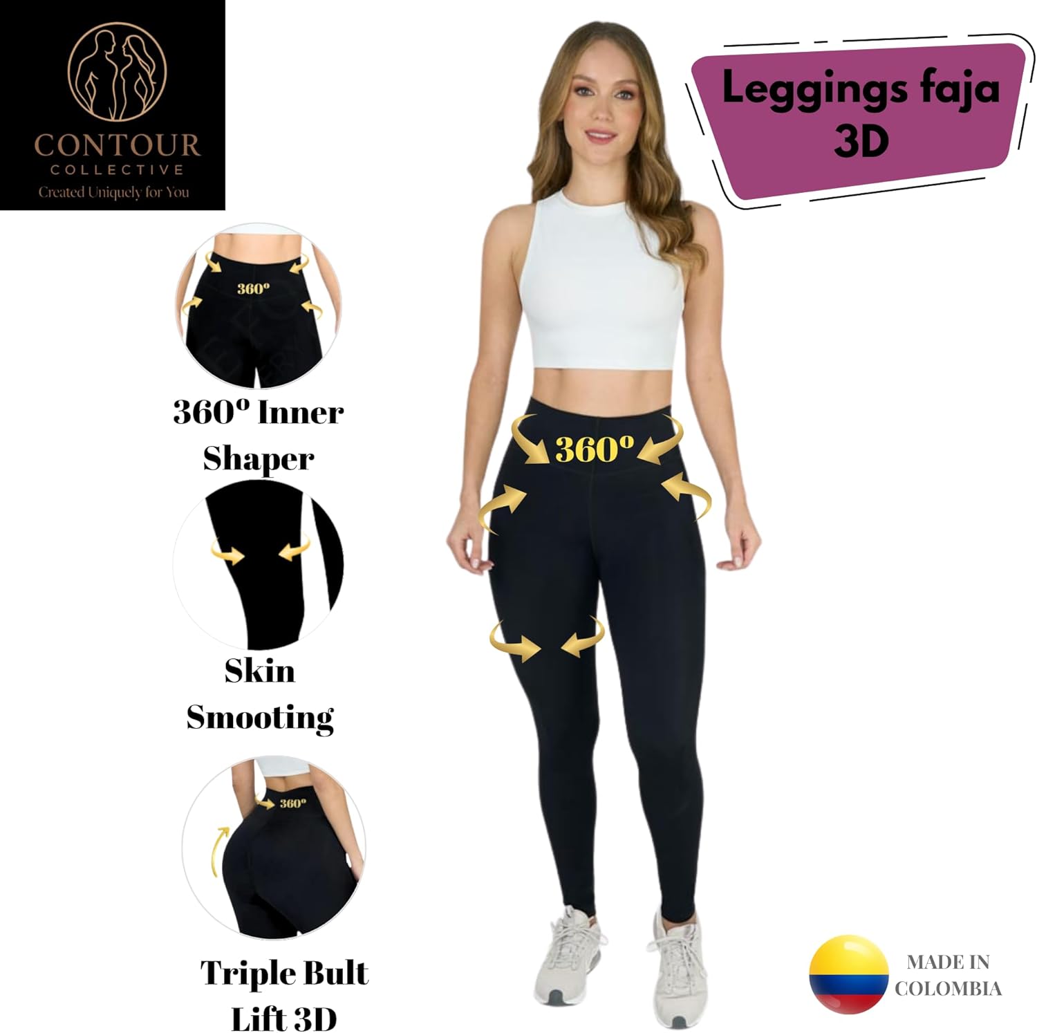 Contour C Leggings con Faja Interna Colombiana – 3D Glute Lift, High Waist Tummy Control, Colombian Shapewear Pants for Women - Image 3