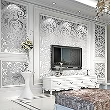 Trafagala 21inches x 33feet 3D Embossed Silver Grey Non-Woven Wallpaper Glitter Under The Light Retro Damask Leaf Textured Wallpaper Baroque Ornament Wall for Livingroom Bedroom Hallway