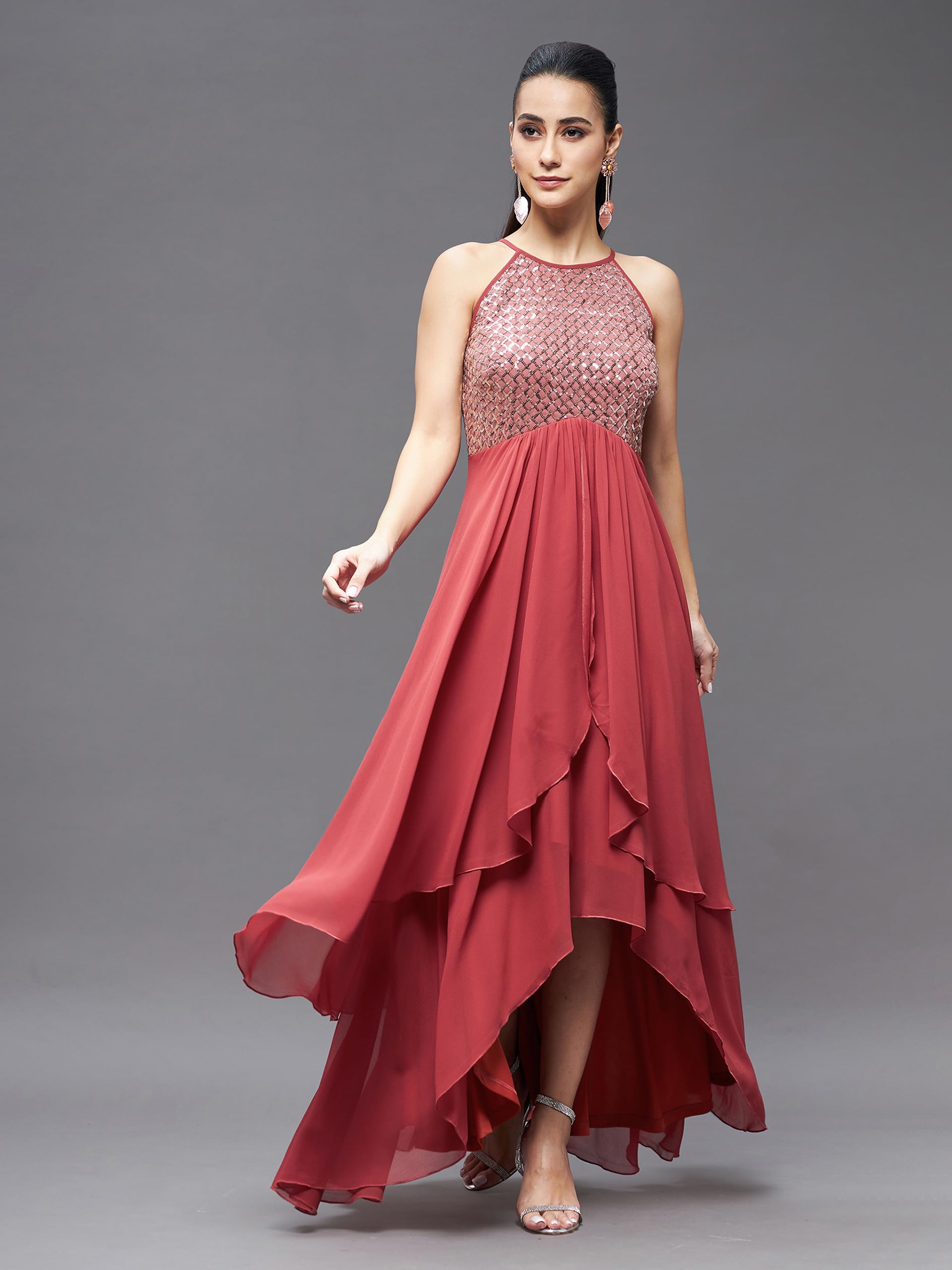 Miss Chase Women's Halter Neck Sleeveless Embellished Layered Maxi Dress (Mcss23D13-75-149-06, Brick Red, Xl)