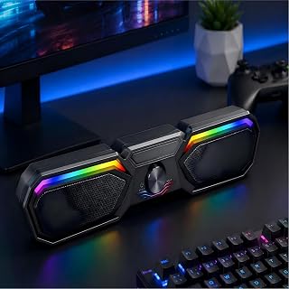 Wired USB Speaker with RGB Rainbow LED Light, 2.0 Multimedia Desktop Computer Sound Bar, Stereo Bass Subwoofer Volume Control Knob, for Laptop Desktop Monitor Gaming Office Home Entertainment, Black