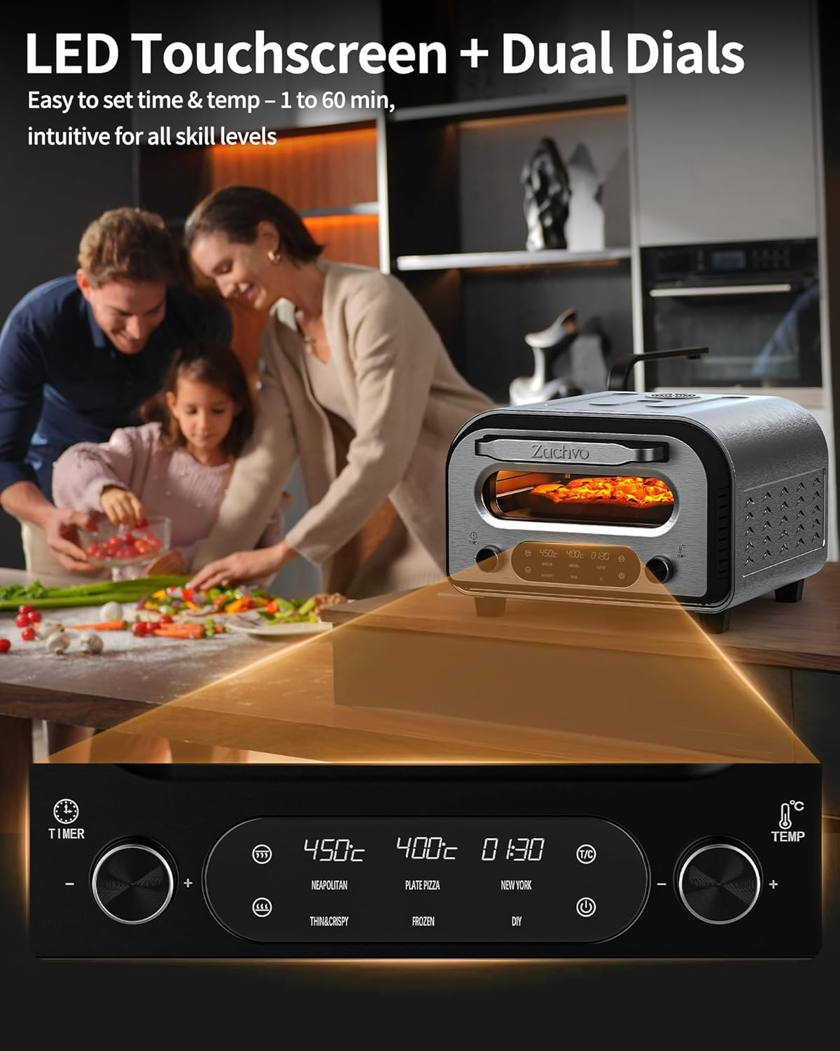 Pizza Oven Indoor, Heats up to 850°F, Makes 12” Pizzas in 90 Seconds, Electric Pizza Oven with 6 Touchscreen Presets, Countertop Pizza Ovens for Kitchen, Recipes & Pizza Stone Peel Included, Silver