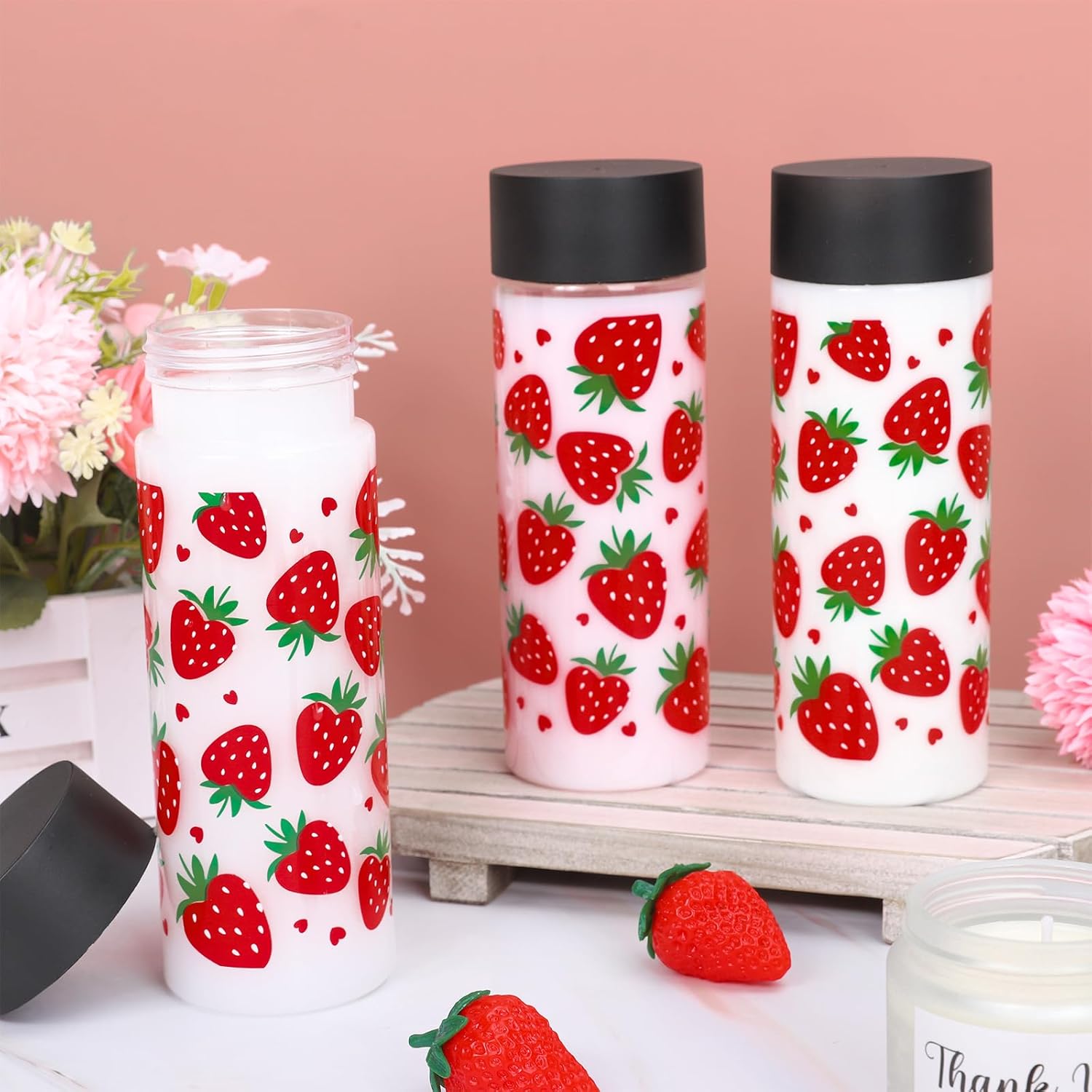 FYSUIMU 24Pcs Strawberry Plastic Cups with Lids Reusable Red Strawberry Clear Water Bottle Bulk Juice Bottles Cold Beverage Drinking Cups for Sweet One First Birthday Baby Shower Summer Fruit Party