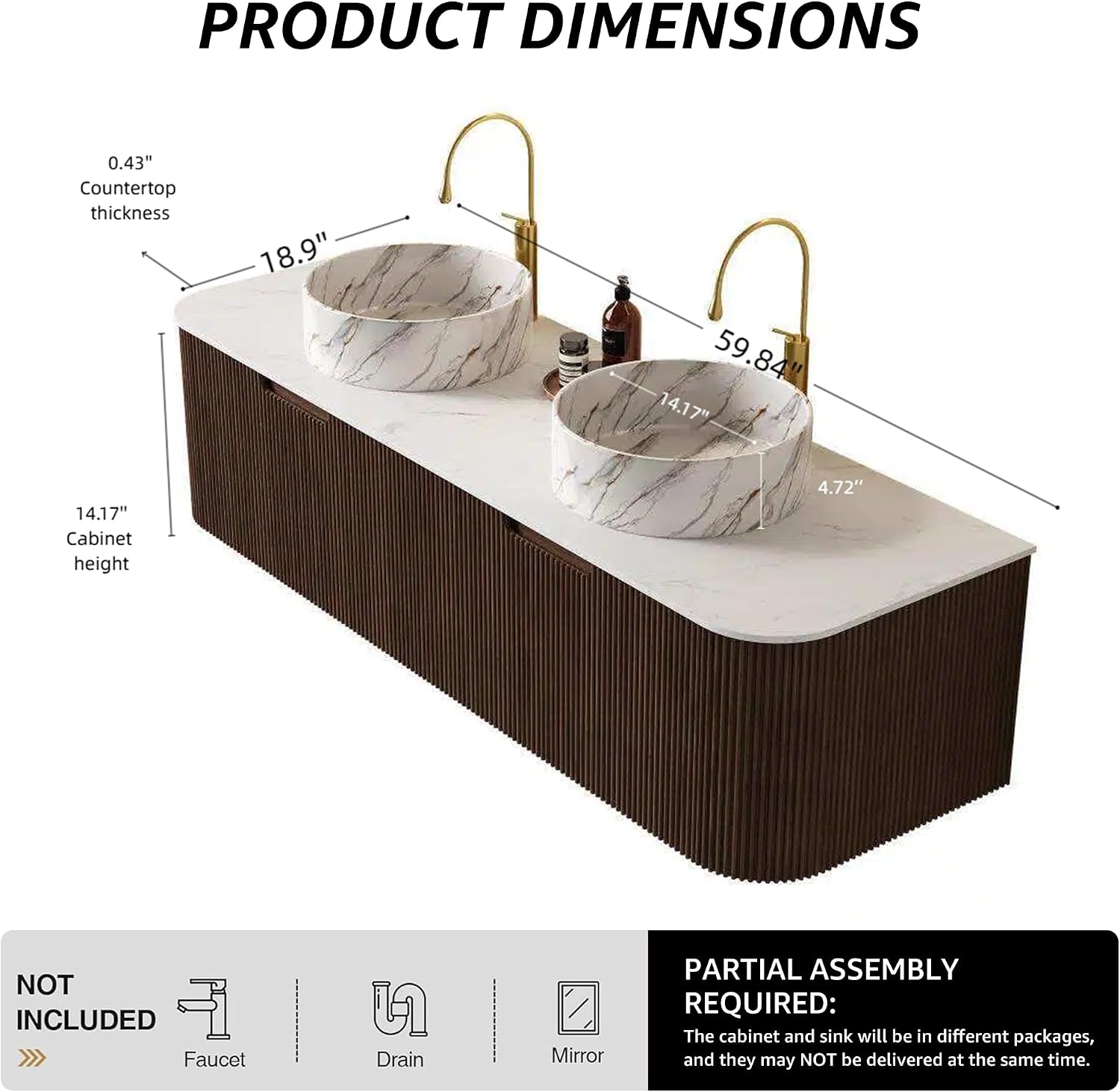 Floating Bathroom Vanity with Sink 60 Inch, Wall-Mounted Plywood Bathroom Vanity Cabinet with Drawer, Faux Marble Countertop & Marble Round Ceramic Basin, Pre-Assembled, Walnut Wood Grain