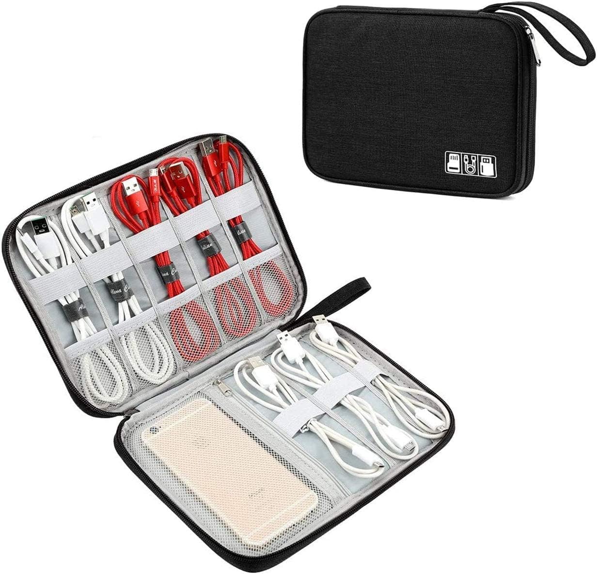 - Nylon Single Layer Electronics Accessories Gadget Organizer Bag, Tech Organizer Pouch For Cables And Cord For Home And Travel - 25 X 19 X 2 Cm - Black