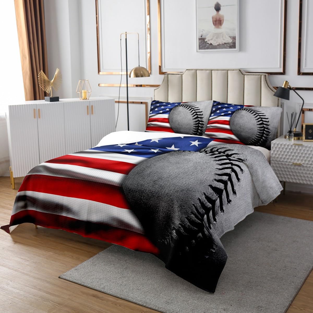 3D Baseball Coverlet Set Chic American Flag Print Quilted Coverlet Sports Games Theme Comforter Set Bedspreads Quilt Set for Children Kids Coverlet Set,Twin Size 2 Pcs