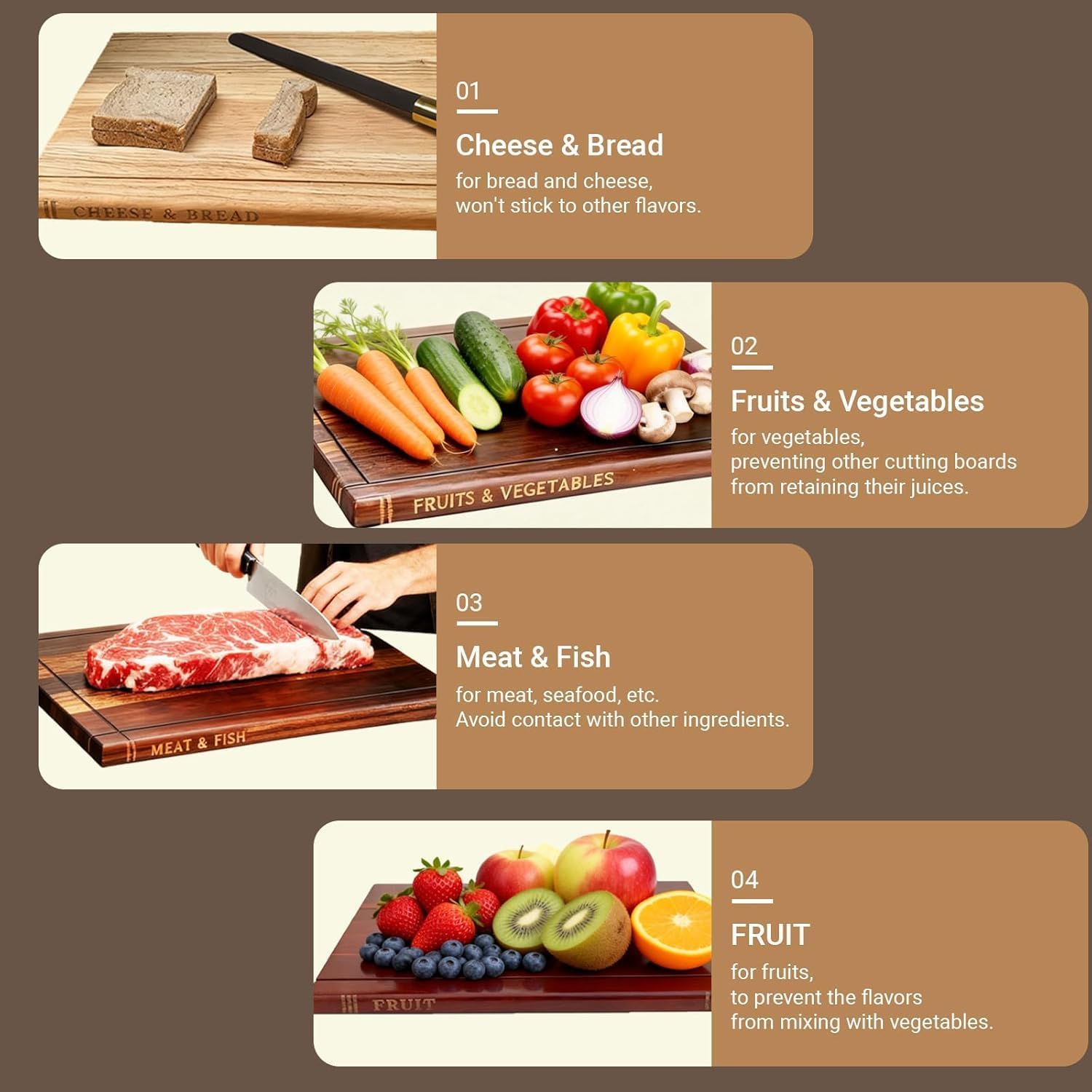 Wooden Book Cutting Board Set with Holder, 4 Piece Easy to Store Acacia Wood Chopping Boards for Kitchen, for Meat Cheese Bread (3-pcs set)