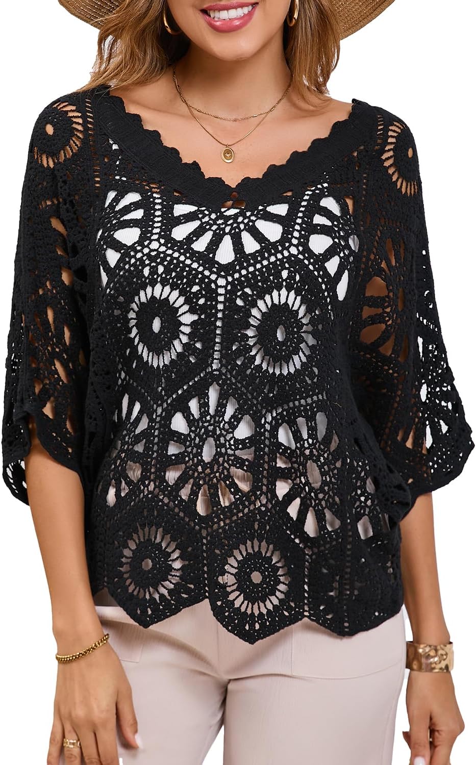 Women's Crochet Tops Boho Hollow Out V-Neck Pullover Lace Cove Up