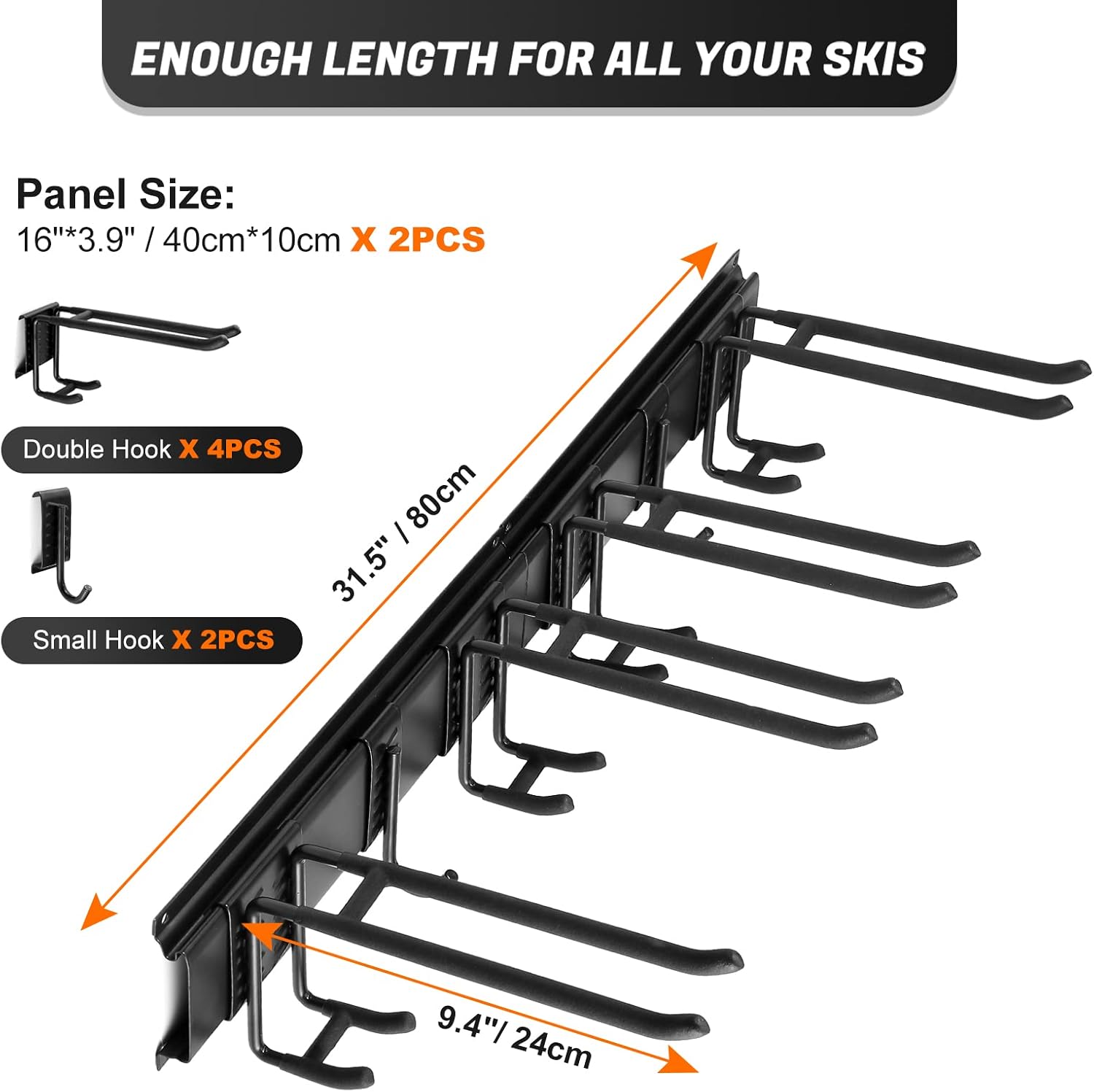 Odoland Ski Storage Racks, 4 Pairs of Ski Snowboard Wall Mount Hanger with Short Hooks and Ski Cinch Straps, Home Shed and Garage Organization System Snow Ski Holder Holds Up to 300lbs