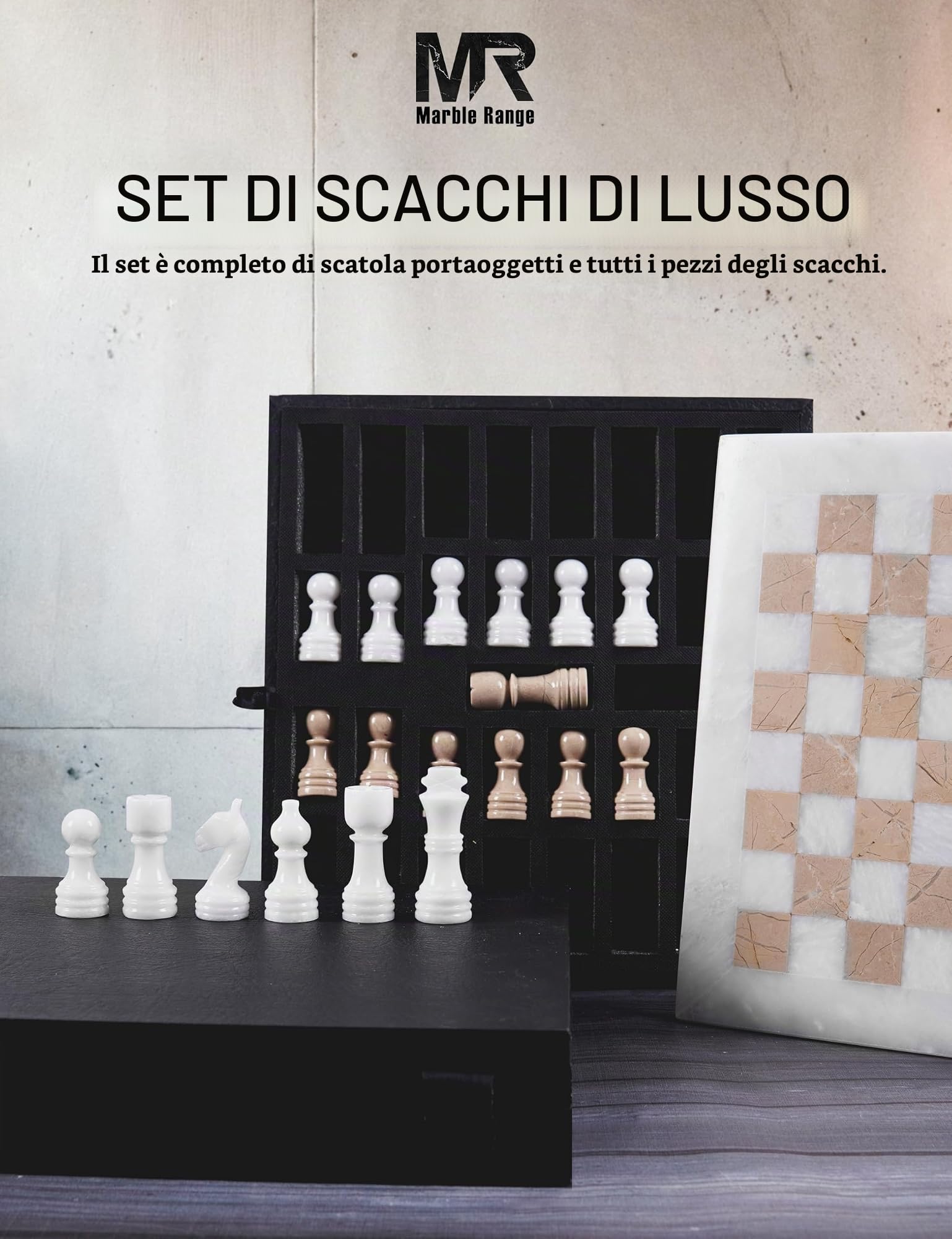 MARBLE RANGE Set di scacchi in marmo da 30,5 cm, bianco e Verona, fatto a mano, per adulti, gioco da tavolo in marmo per la famiglia, con scatola portaoggetti e 2 extra queen