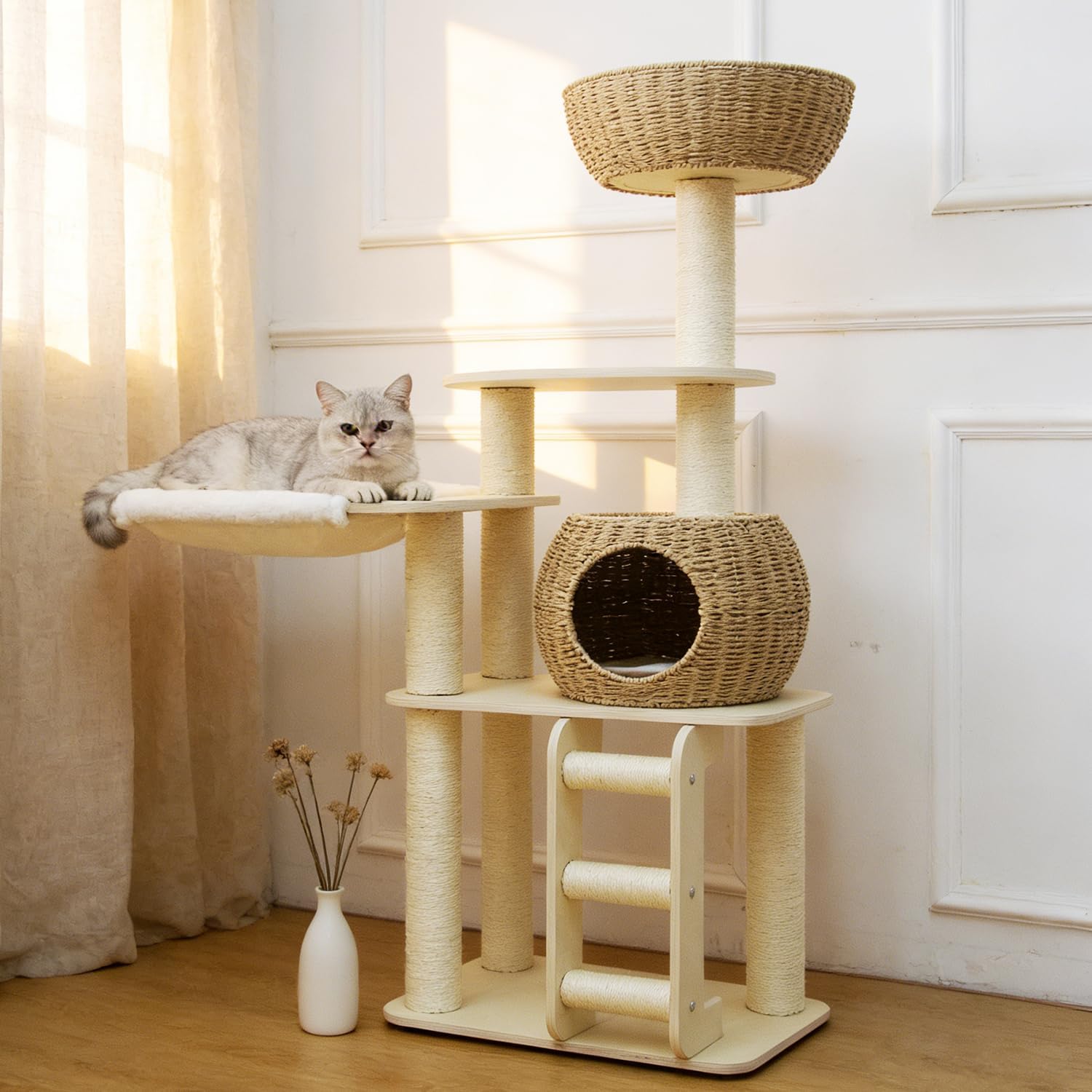 Wood Cat Tree for Indoor Cats, 52.4 Inch Tall, with Scratching Post and Hammock