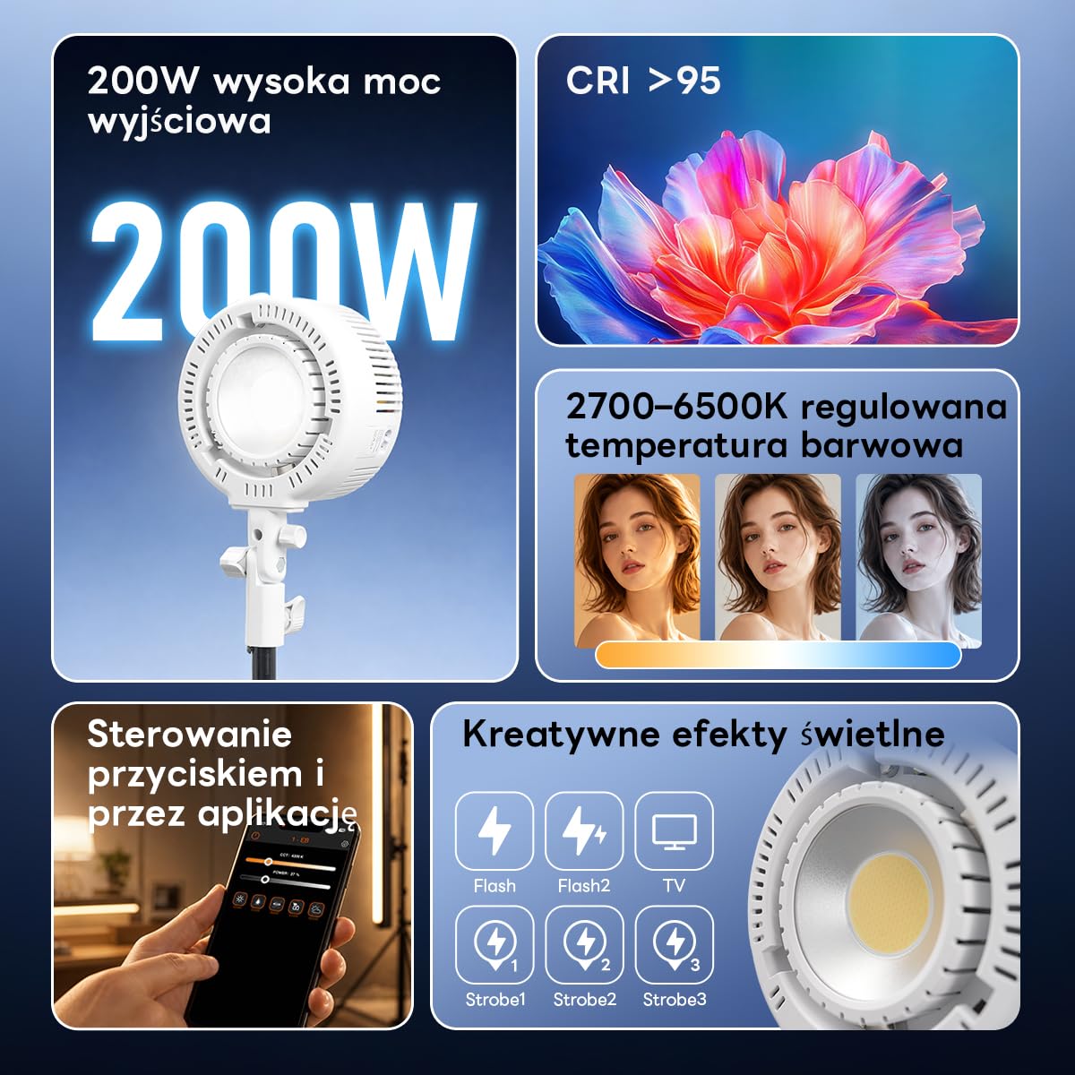 DF DIGITALFOTO Dwukolorowa lampa wideo LED COB 200 W, CRI 95+, 2700K-6500K, ściemniana lampa wypełniająca fotografia ze standardowym mocowaniem Bowens, do portretu, fotografii martwej natury do małych