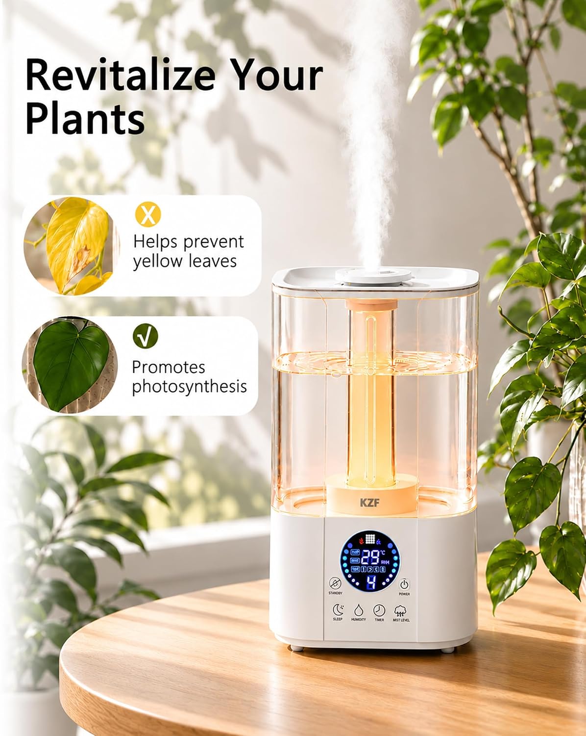 KZF Humidifiers for Bedroom, 4L Cool Mist Humidifier for Large Room, 40H Runtime, Top Fill, Sleep Mode, Oil Diffuser, 28dB Quiet, LED Display, Humidity Control, Air Humidifier for Baby Plants