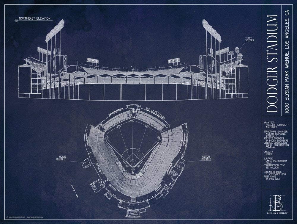 Ballpark Blueprints Dodger Stadium Blueprint Style Print (Unframed, 18" x 24")