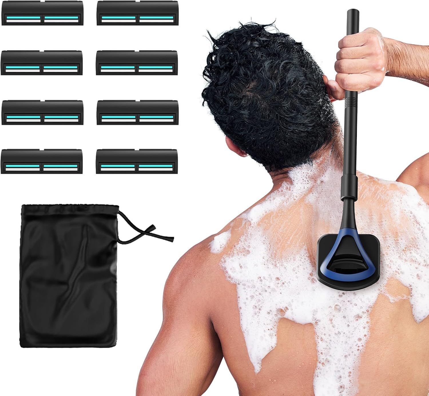 ZOMU Back Shavers for Men:Back Hair Shaver and Body Shavers for Men with Safety Blade Technology & Ergonomic DIY Long Handle, Wet or Dry Shaving - Blue(Replaceable 8PCS 3.5inch Blades Included)