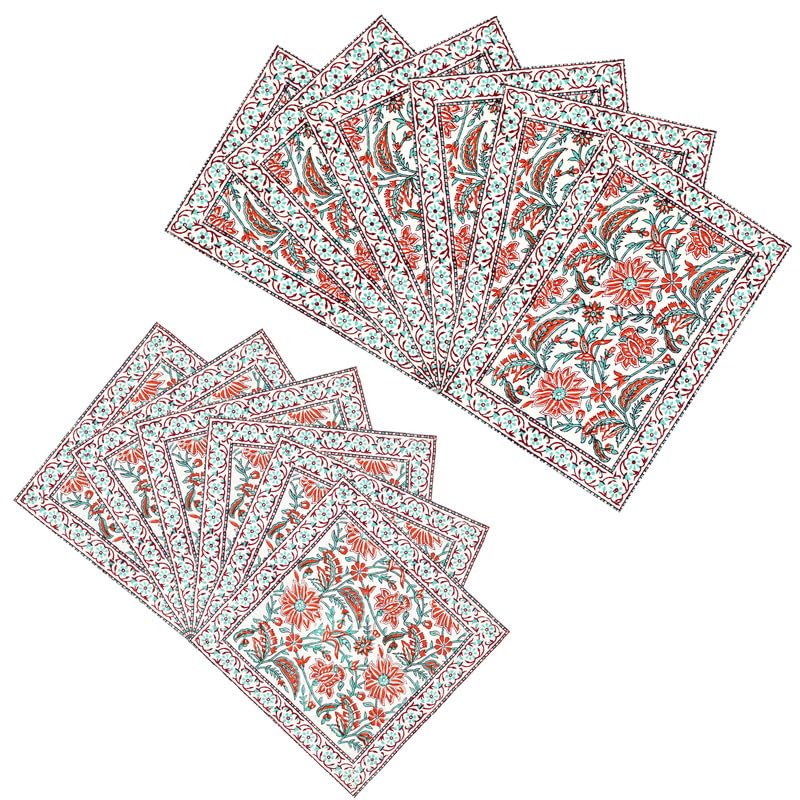Image of BLOCKS OF INDIA Hand Block Printed Cotton Table Runner, Mat and Napkin Set for Center /Dining Table (Orange JAAL),13 pc Set