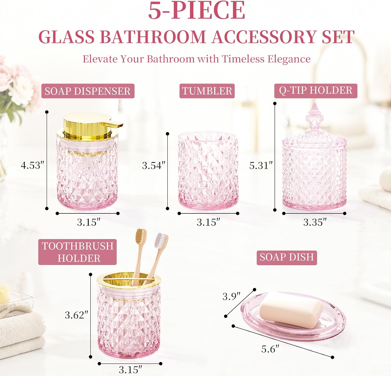 5-Piece Pink Glass Bathroom Accessories Set Vanity Counter Decor Organizer