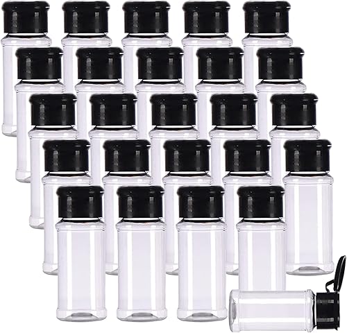 FEOOWV Juego de 25 botellas vacías de plástico para especias para almacenar condimentos de barbacoa, sal, pimienta y más, 2.5 fl oz2.5 oz (negro)
