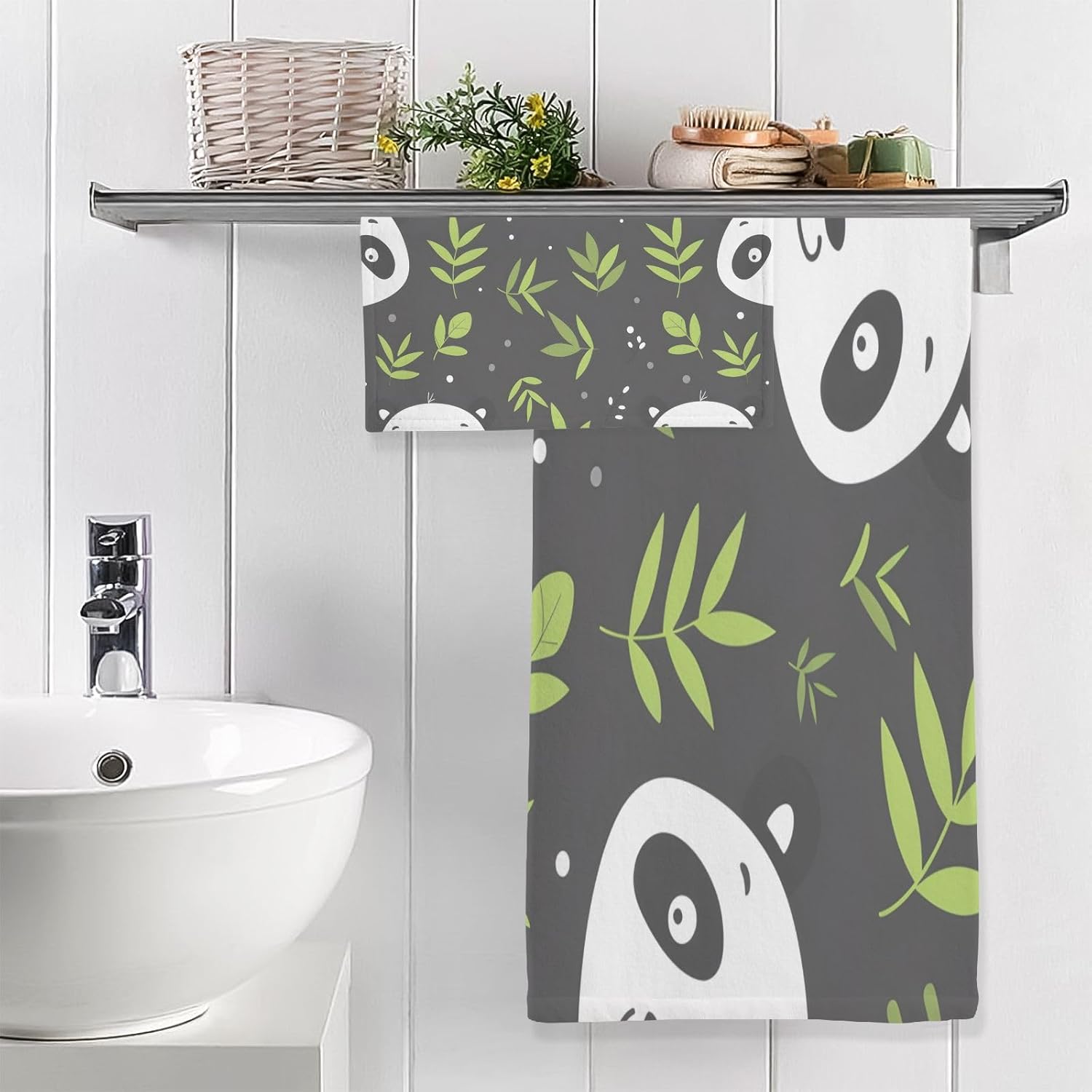Hand Towels Premium Soft and Highly Absorbent Cute Cartoon Panda Pattern 2 Pcs Towels for Bathroom Set 100% Cotton Decorative Face Towels