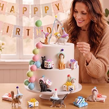 Weysat 37 Pcs Cat Birthday Party Decorations, Cat Cake Cupcake Toppers with Mini Hats Miniature Flags Gift Boxes Balls Figure Models for Kitty Birthday Party Supplies Adults