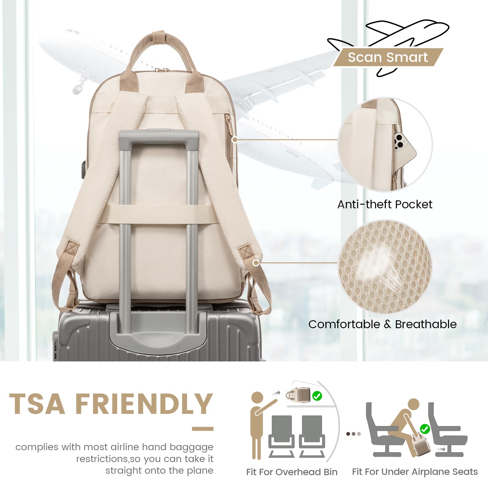 Mochila para laptop para mujer, bonita mochila para laptop con puerto USB, mochila de viaje impermeable, Caqui - Beige, Mochila para laptop 3