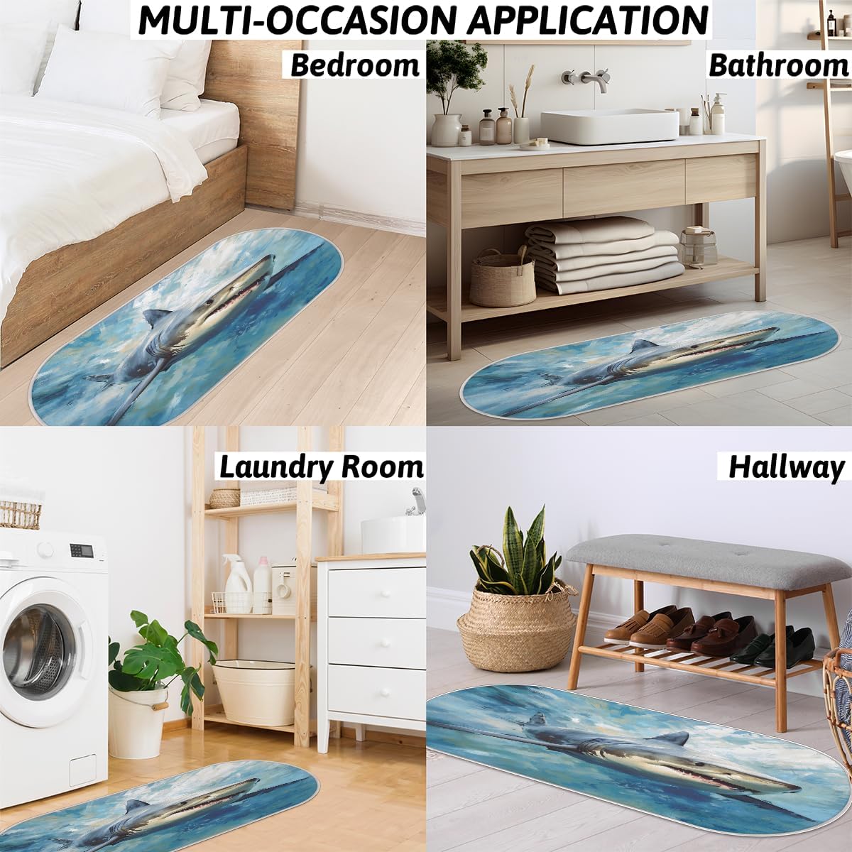 cfpolar Shark Turquoise Background Bathroom Rugs Non-Slip Bath Rug Microfiber Bath Mat Absorbent Kitchen Mats and Rugs Machine Washable Oval Plush Floor Mat for Bathroom Bedroom Laundry 47"x20"