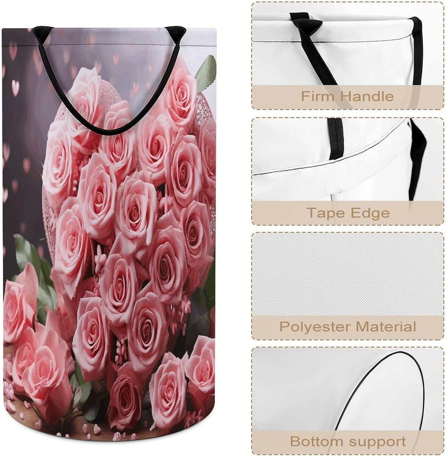 Pink Roses And Heart Large Capacity Laundry Baskets,Collapsible Clothes Hamper with Handles，Laundry Hampers for Bathroom,Bedroom,Towels